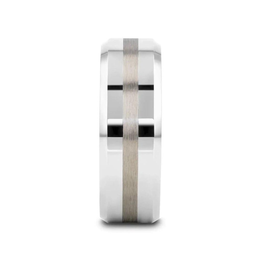 HALSTEN Platinum Inlaid Beveled Tungsten Carbide Wedding Ring - 6mm & 8mm