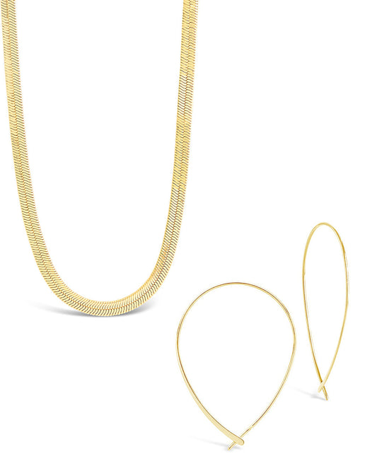 Delicate Threader Hoop Earrings & Herringbone Chain Necklace Set