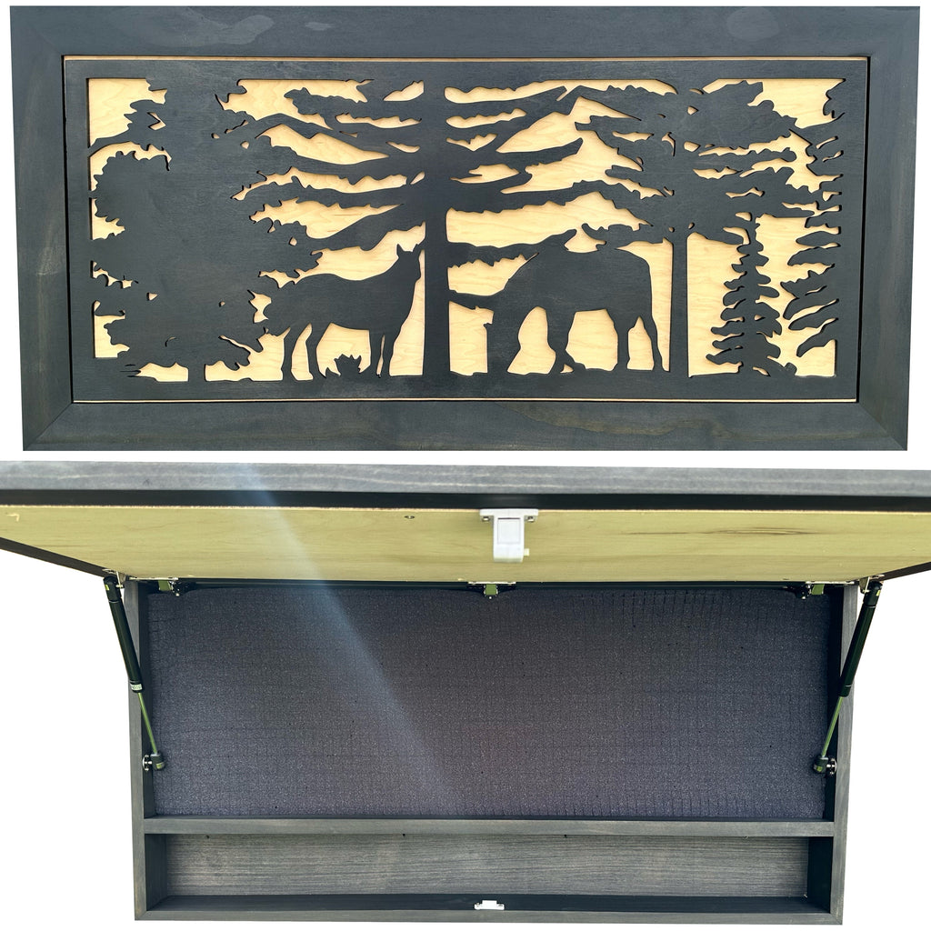 Horses Grazing Gun Concealment Decor - Handcrafted Wooden Gun Cabinets - Gun Shelf Hidden Storage for Rifles, Shotguns, & Handguns - Quick Access Hidden Wall Safe (Extra Large)
