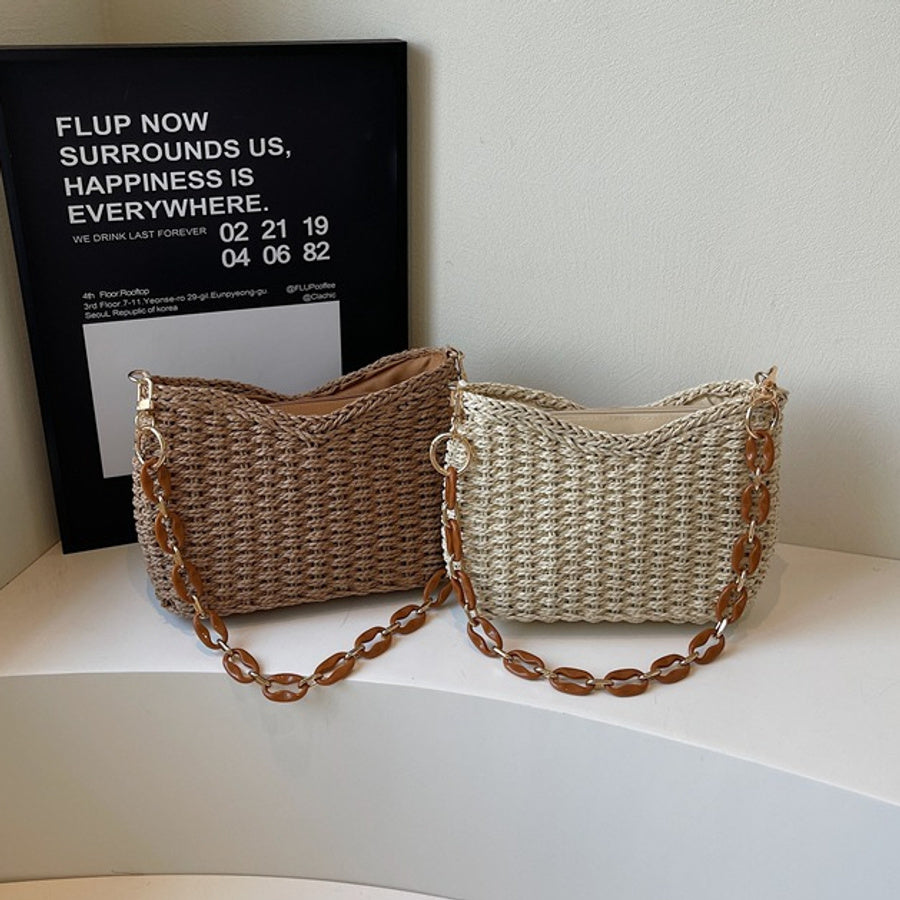 Stylish new weave straw beach zip-up shoulder bag