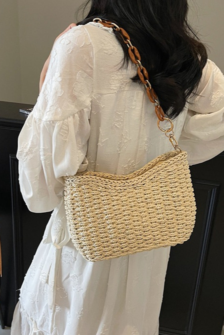 Stylish new weave straw beach zip-up shoulder bag