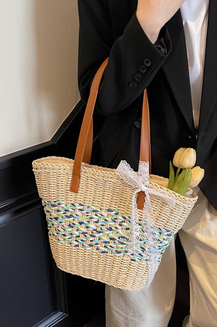 Stylish new contrast color weave beach straw zip-up shoulder bag