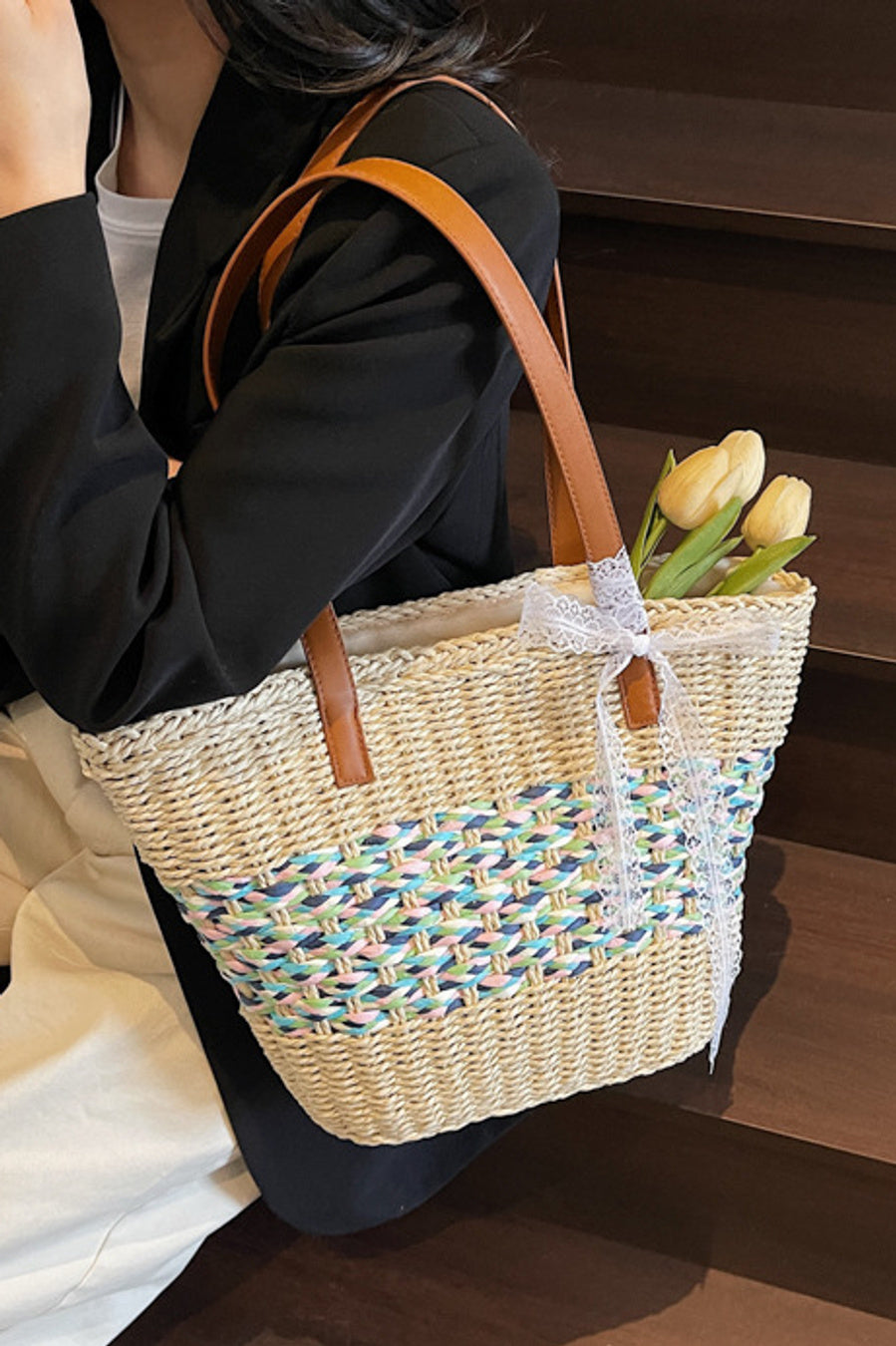 Stylish new contrast color weave beach straw zip-up shoulder bag