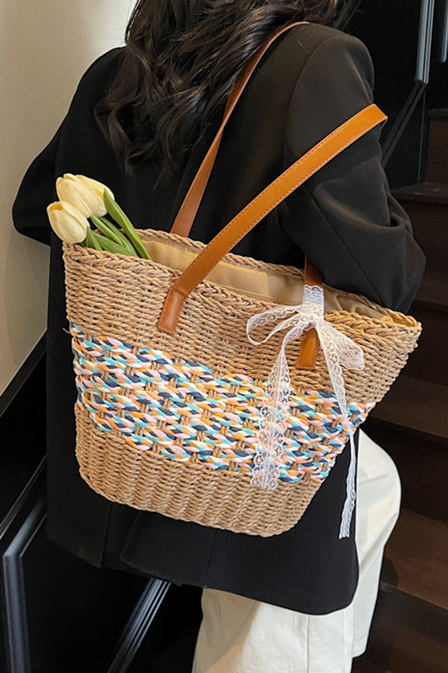 Stylish new contrast color weave beach straw zip-up shoulder bag