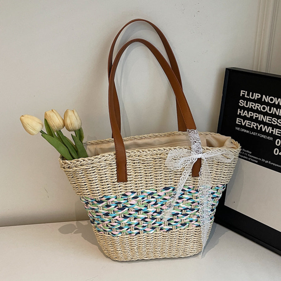 Stylish new contrast color weave beach straw zip-up shoulder bag