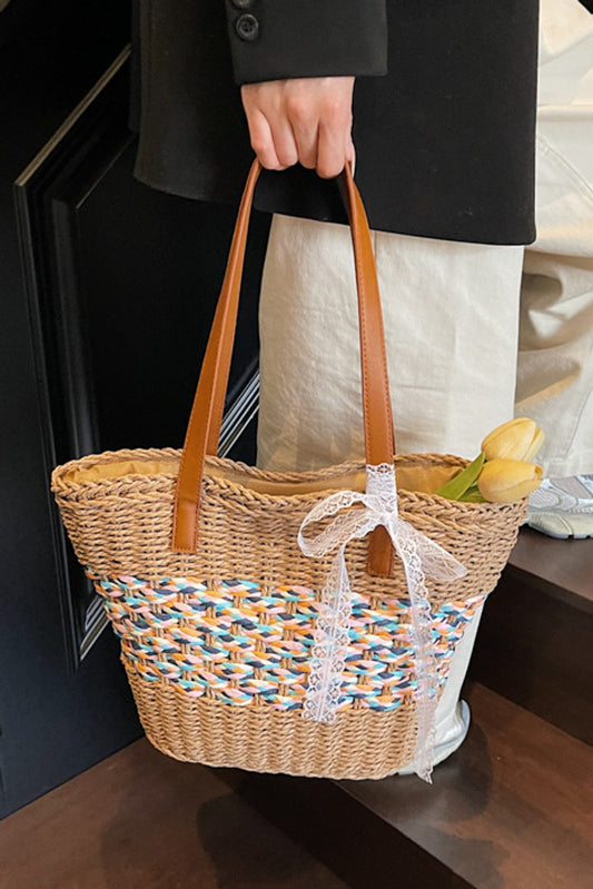 Stylish new contrast color weave beach straw zip-up shoulder bag