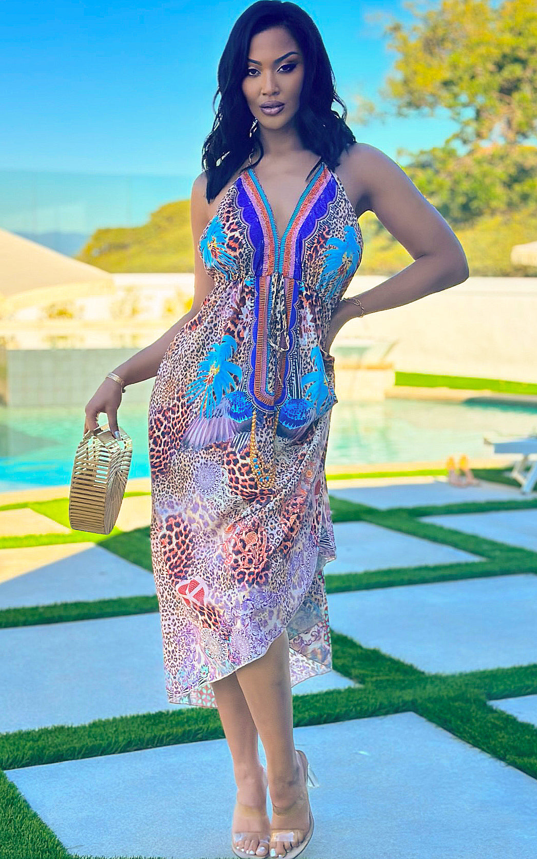 Nicole: V-Neck Maxi Dress in Blue Multiprint