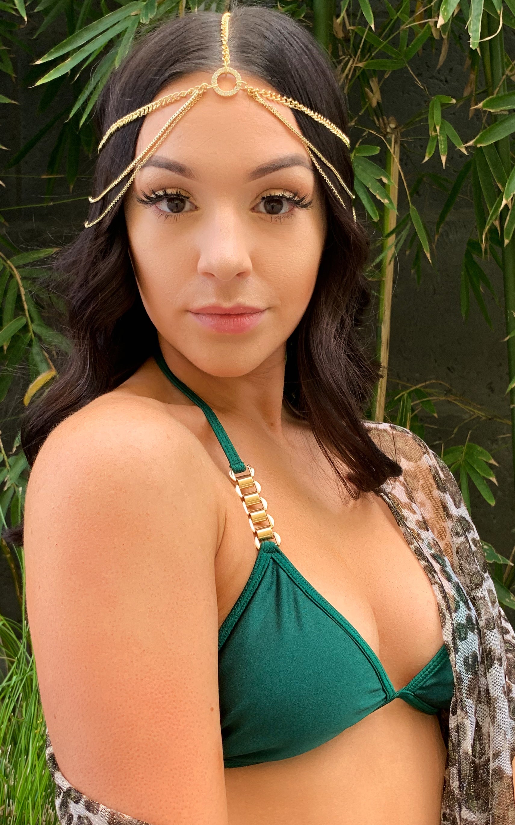 Gold Head Chain with Rhinestone and Gold Ring