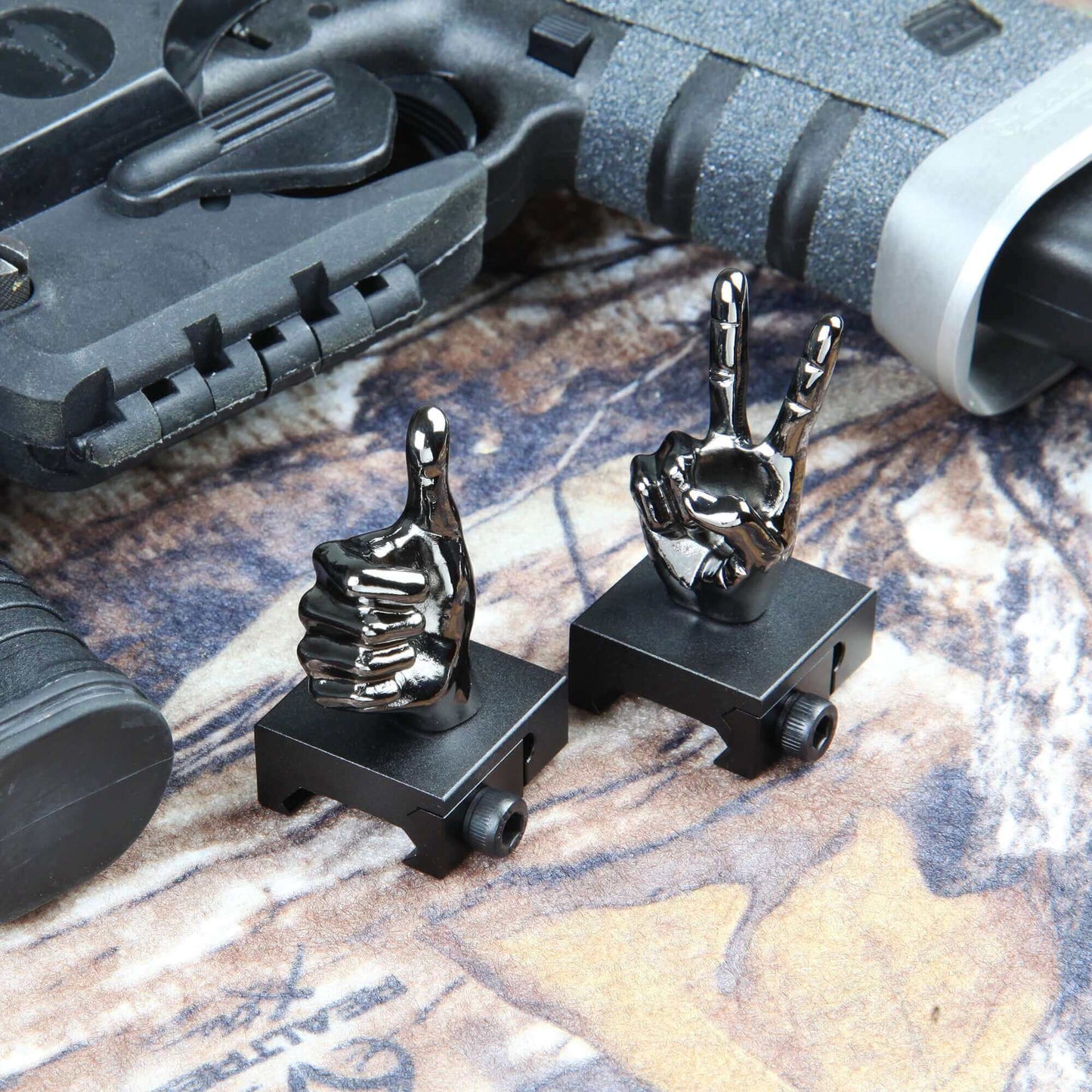 Gloss Tungsten Grey Color Novelty Finger Iron Sight Set - Straight (V Hand & Thumbs Up)