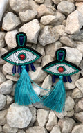 Earring: Evil Eye Beaded Tassel Earrings in Teal