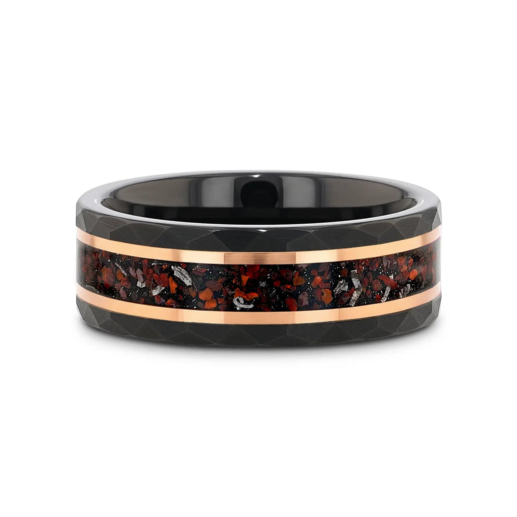 INFERNO Black/Rose Hammered Tungsten Carbide Ring with Dinosaur Bones and Meteorite – 8mm
