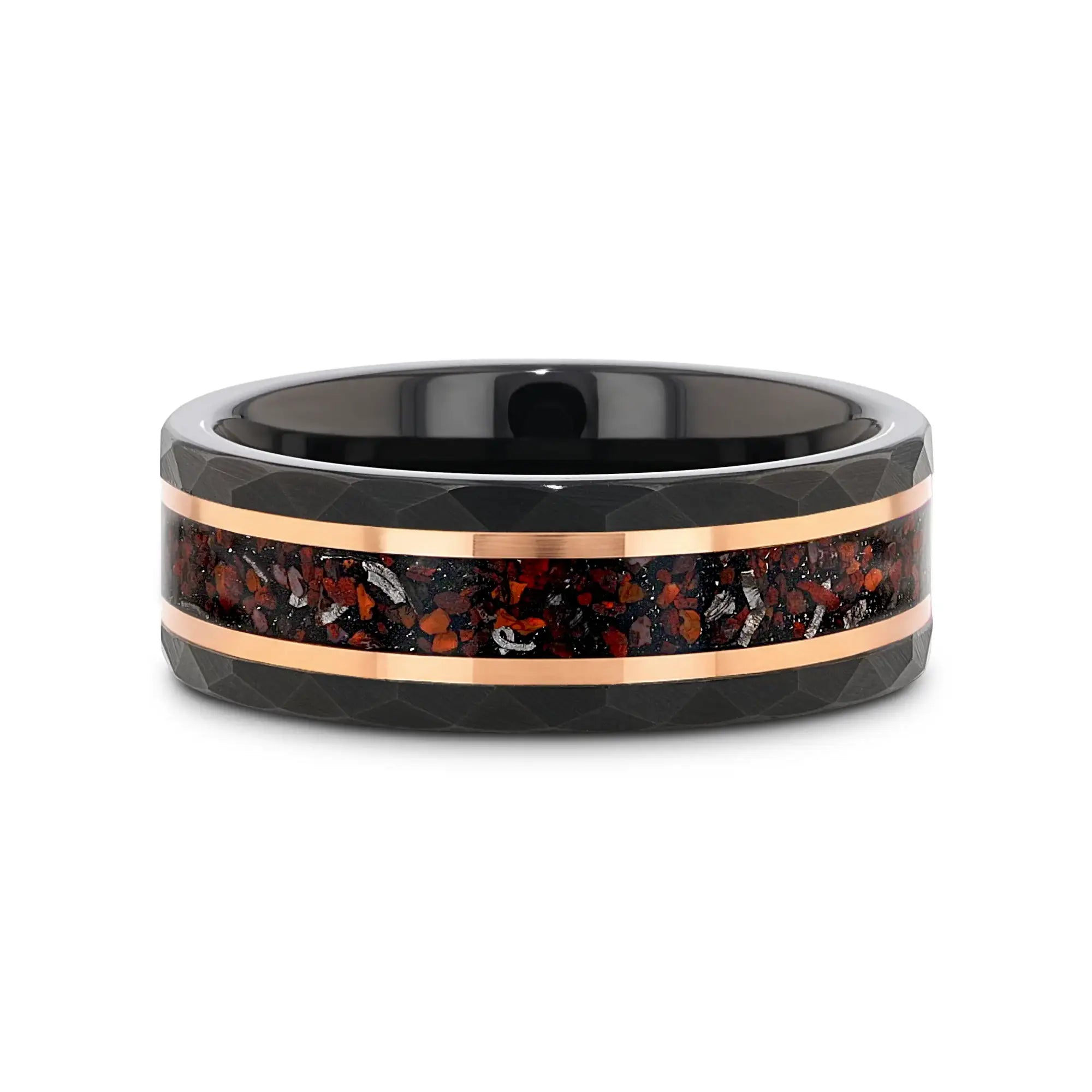 INFERNO Black/Rose Hammered Tungsten Carbide Ring with Dinosaur Bones and Meteorite – 8mm