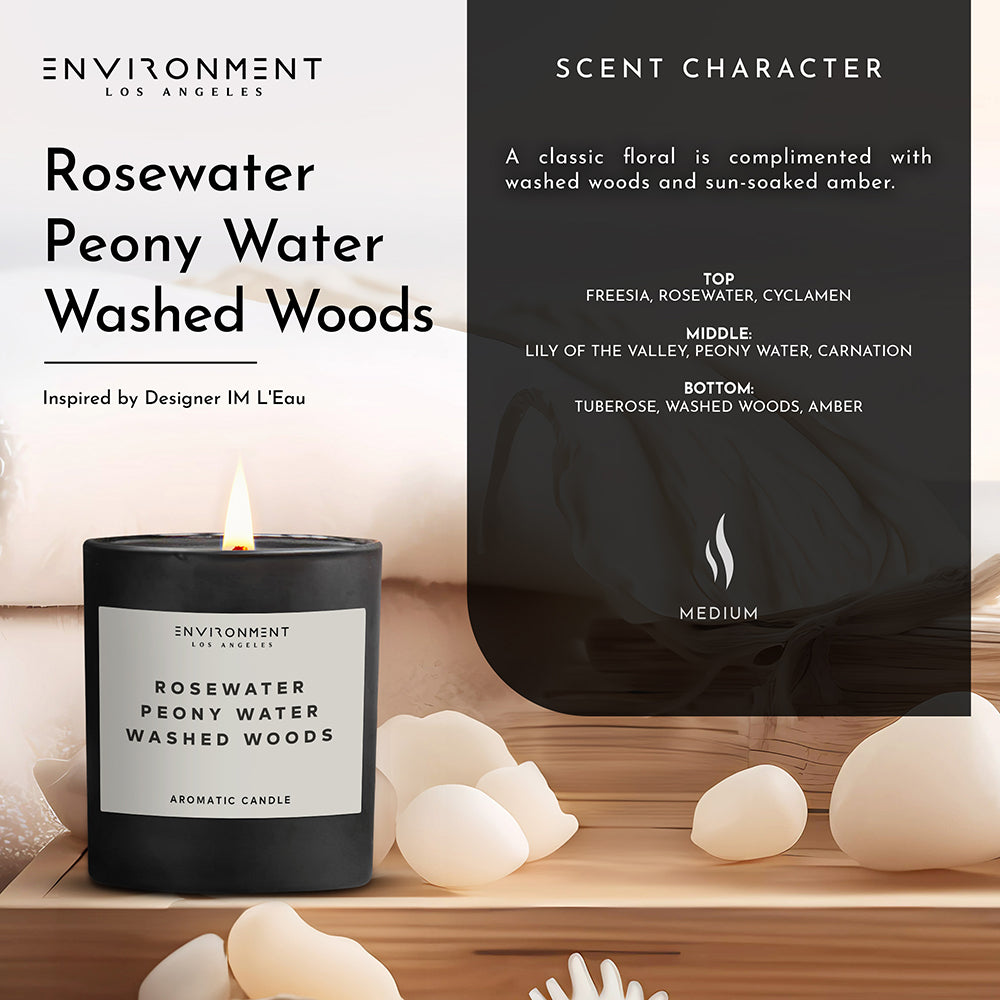 8oz Rosewater | Peony Water | Washed Woods Candle with Lid and Box (Inspired by Issey Miyake L'Eau d'Issey®)