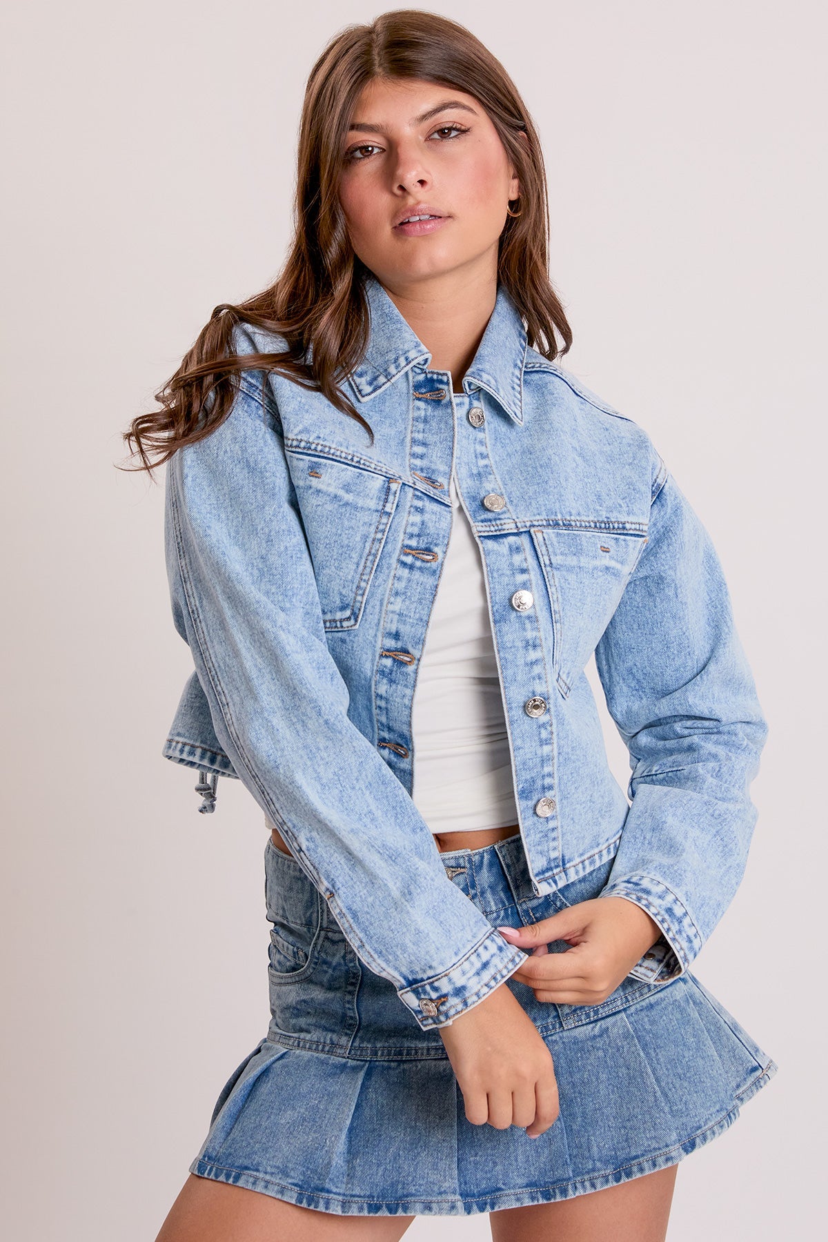 Women's Cropped Lace Up Back Denim Jacket