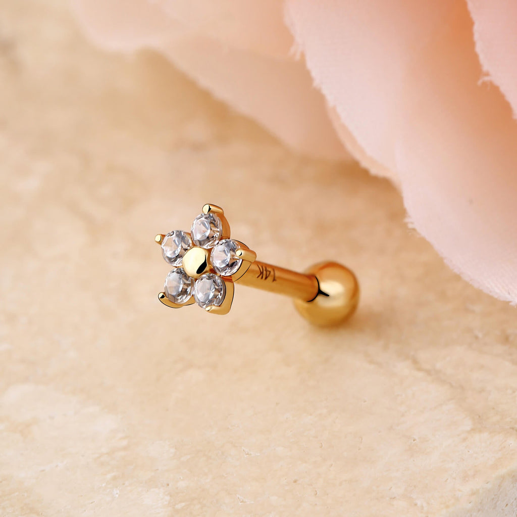 14K Gold CZ Flower Cartilage Earring
