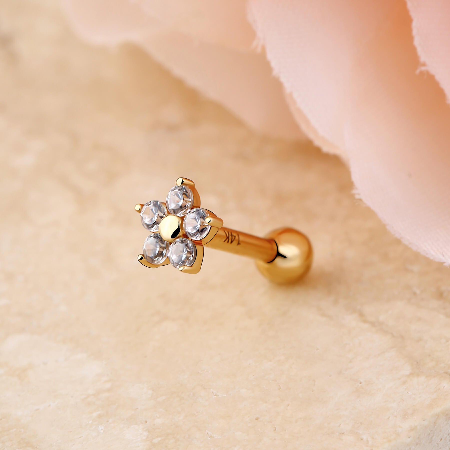 14K Gold CZ Flower Cartilage Earring