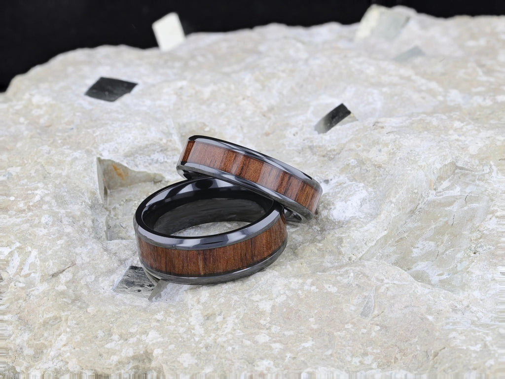 KONY Black Titanium Polished Beveled Edges Black Walnut Wood Inlaid Men’s Wedding Ring - 6mm & 8mm