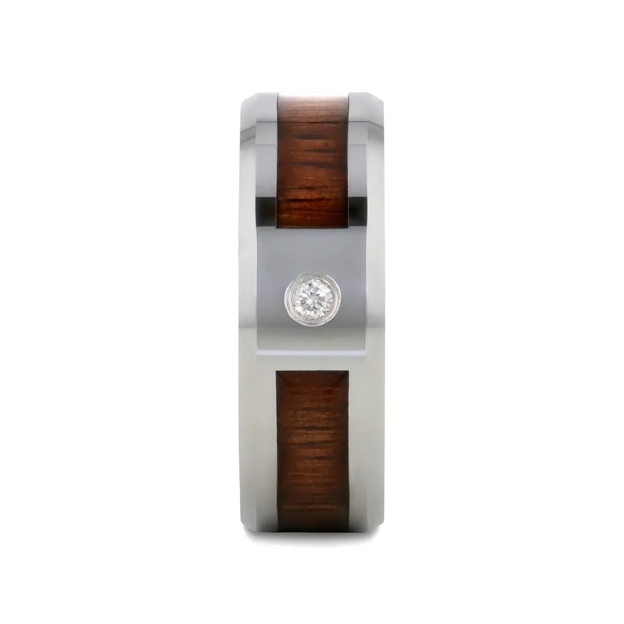 KAHUNA Tungsten Carbide Beveled Edged Diamond Wedding Band with Koa Wood Inlay & Polished Edges - 8mm