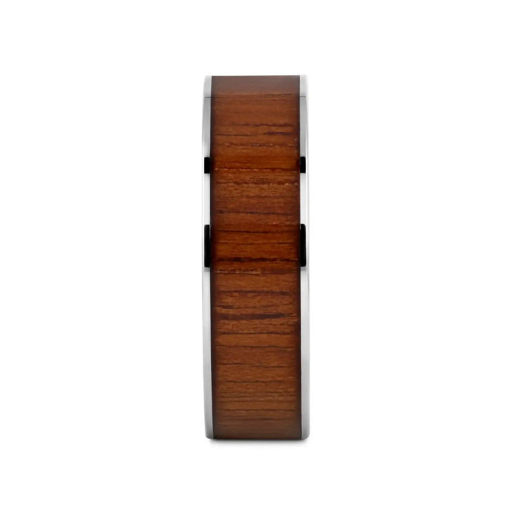 KALANI Flat Tungsten Carbide Wedding Band with Rare Koa Wood Inlay and Polished Edges - 6mm - 10mm