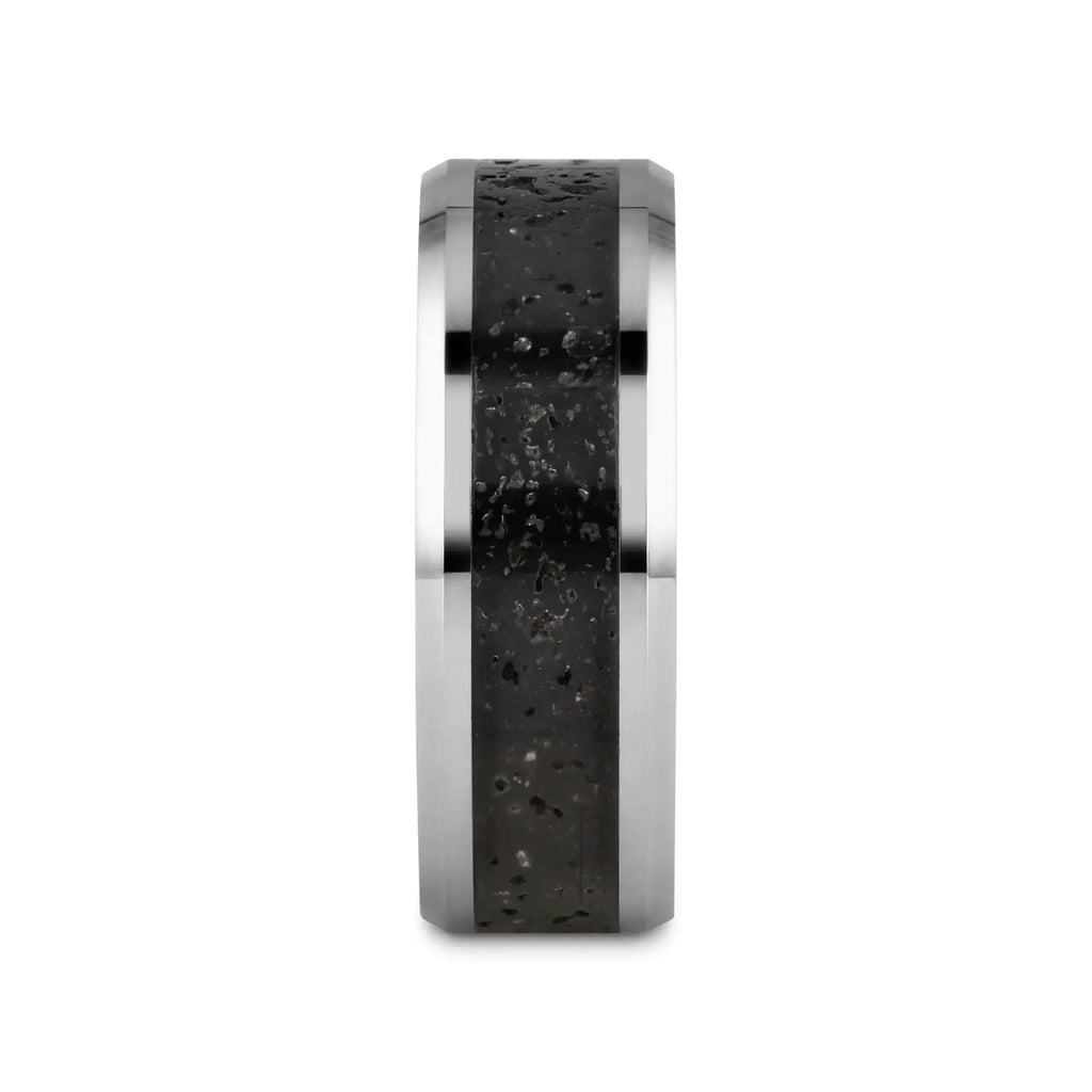 KILAUEA Men’s Polished Tungsten Wedding Band with Black & Gray Lava Rock Stone Inlay & Polished Beveled Edges - 8mm