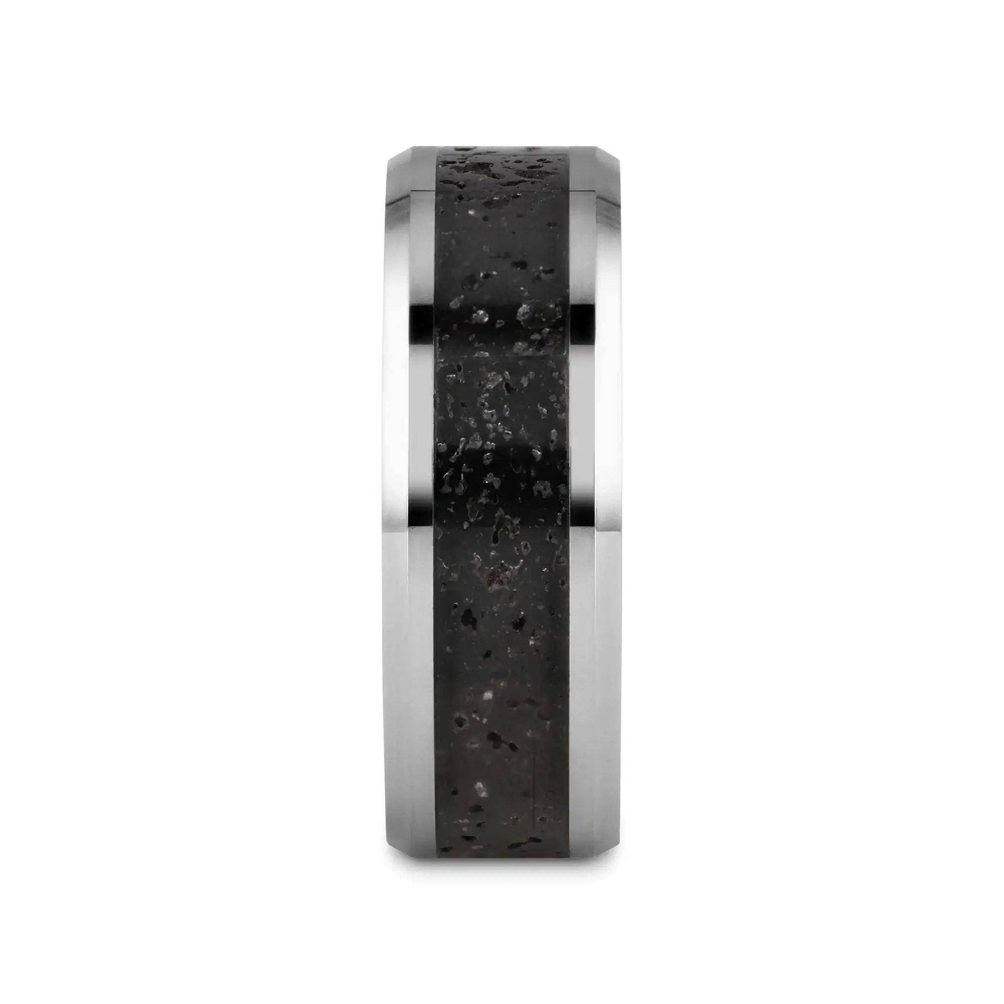 KILAUEA Men’s Polished Tungsten Wedding Band with Black & Gray Lava Rock Stone Inlay & Polished Beveled Edges - 8mm