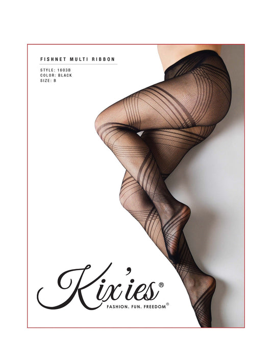 Fishnet Tights Multi Ribbon Black. Petite to Plus Size