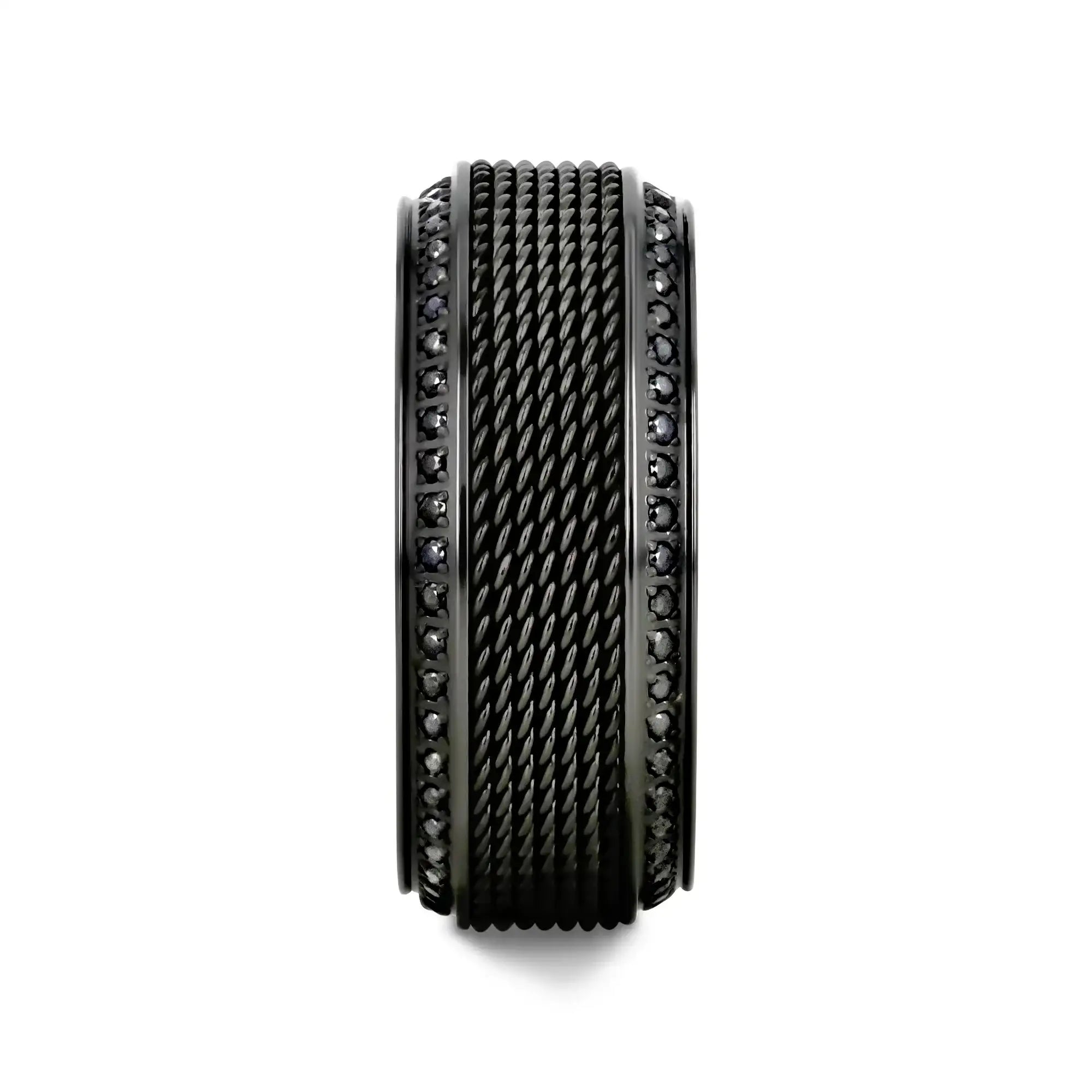 KNIGHT Steel Chain Black Titanium Wedding Ring Polished Beveled Edges Set with Round Black Diamonds - 10mm