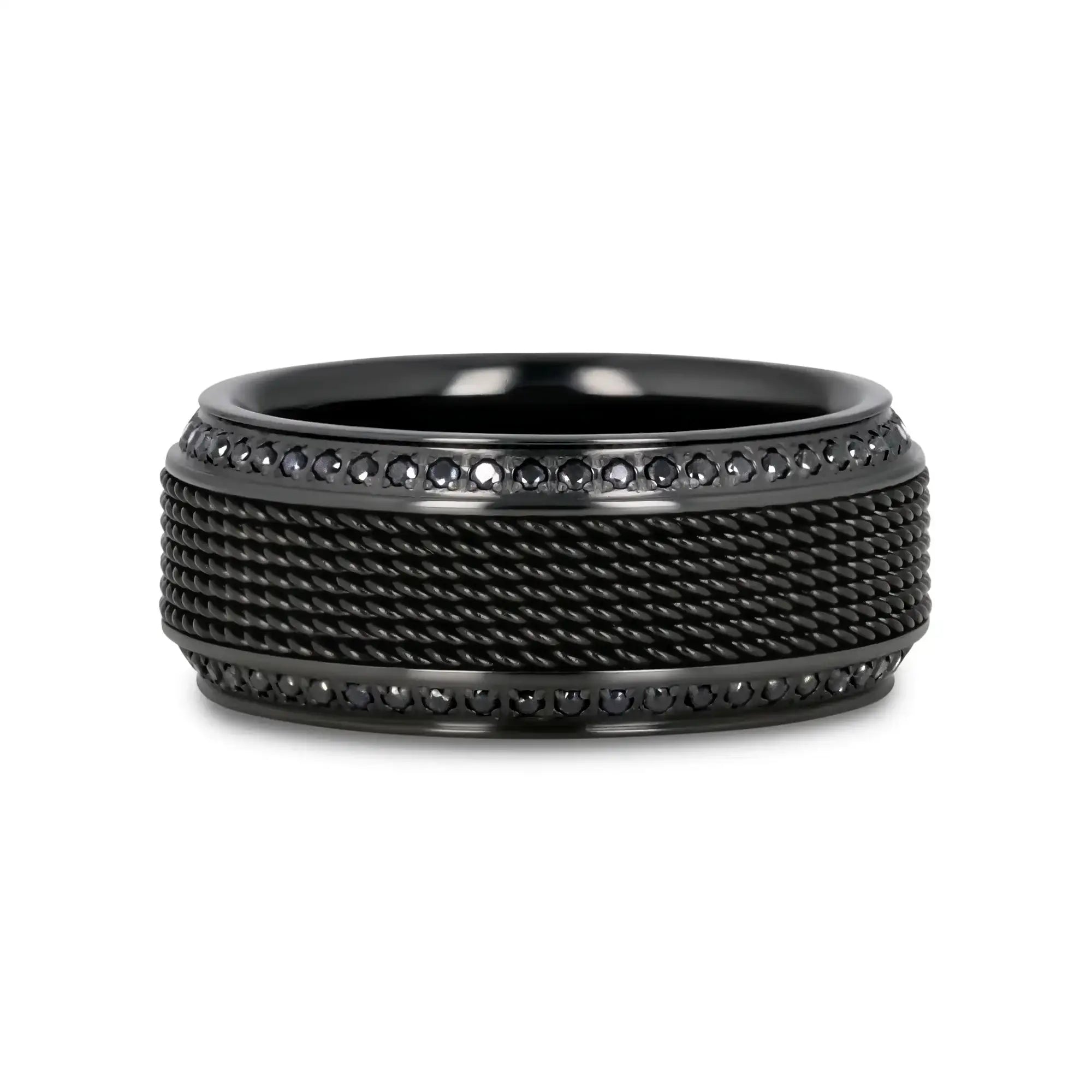 KNIGHT Steel Chain Black Titanium Wedding Ring Polished Beveled Edges Set with Round Black Diamonds - 10mm