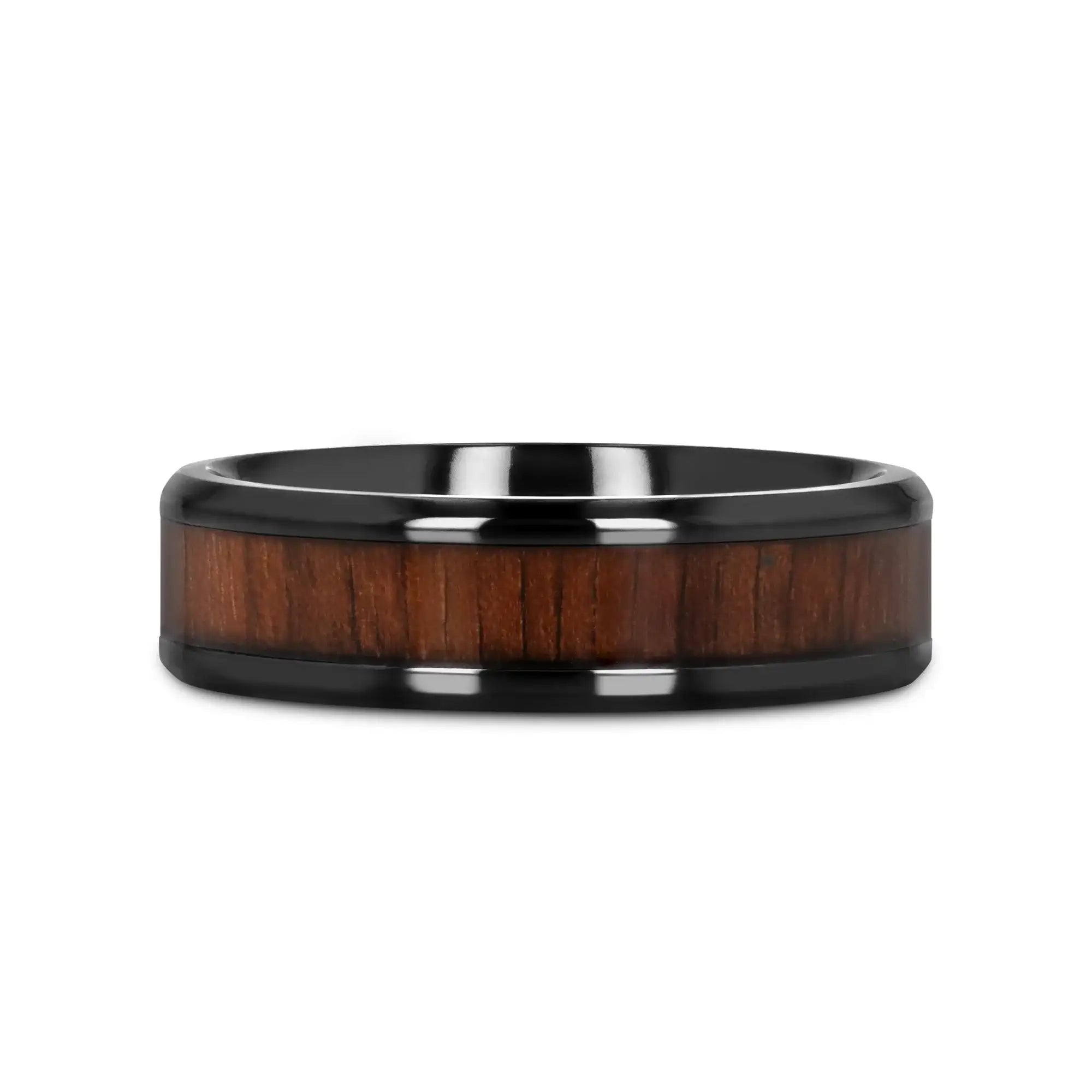 KONY Black Titanium Polished Beveled Edges Black Walnut Wood Inlaid Men’s Wedding Ring - 6mm & 8mm