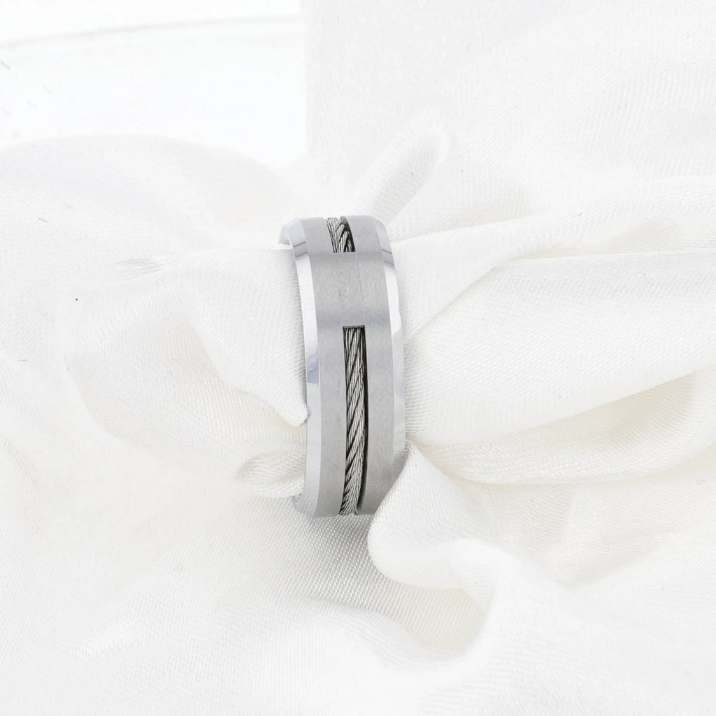 LANNISTER Men’s Tungsten Flat Wedding Band with Steel Wire Cable Inlay & Beveled Edges - 8mm