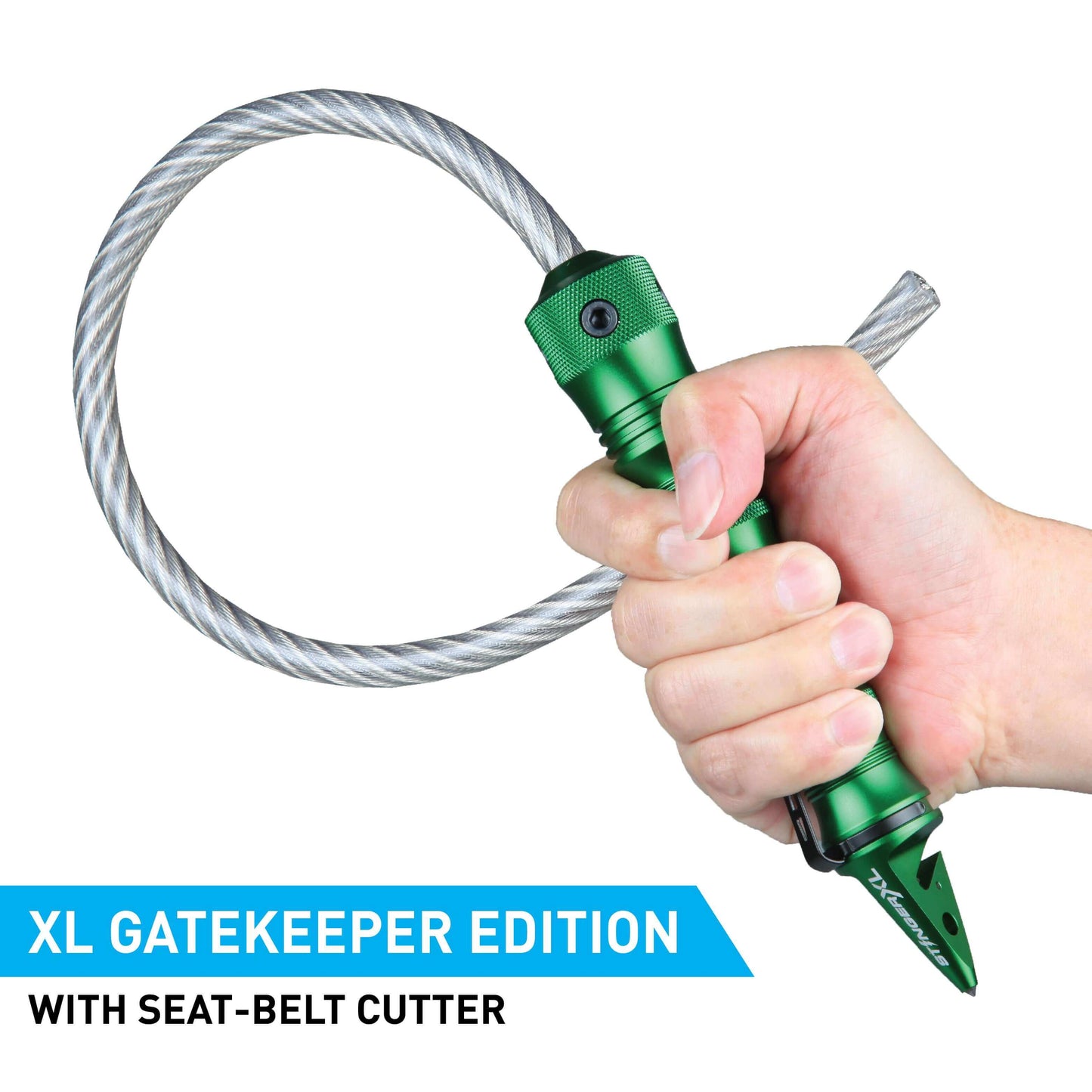 Stinger Whip Car Emergency Tool with Seat Belt Cutter and Window Breaker (XL Gatekeeper Edition, Green)