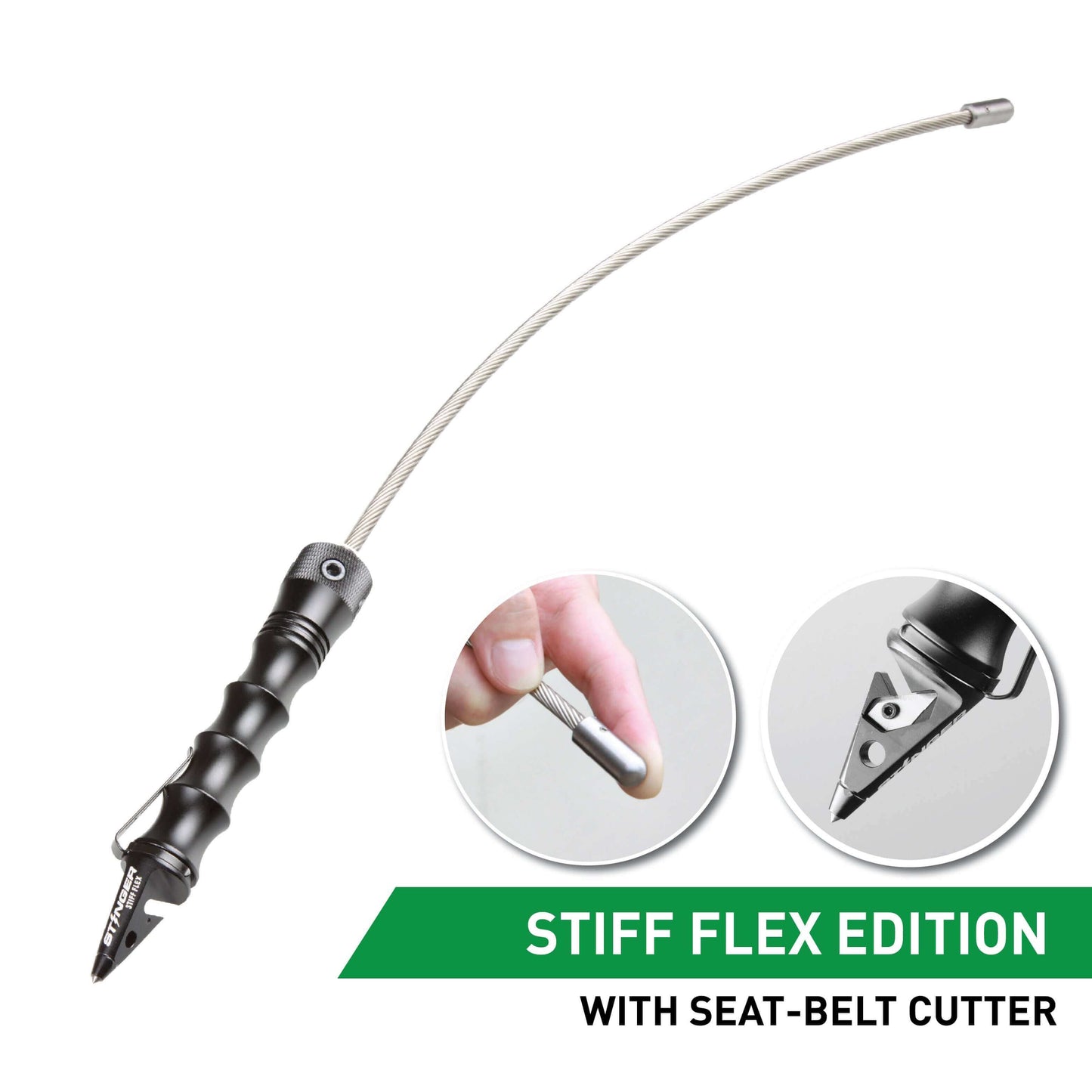 Stinger Whip Car Emergency Tool with Seat Belt Cutter and Window Breaker (Stiff Flex Edition, Black)