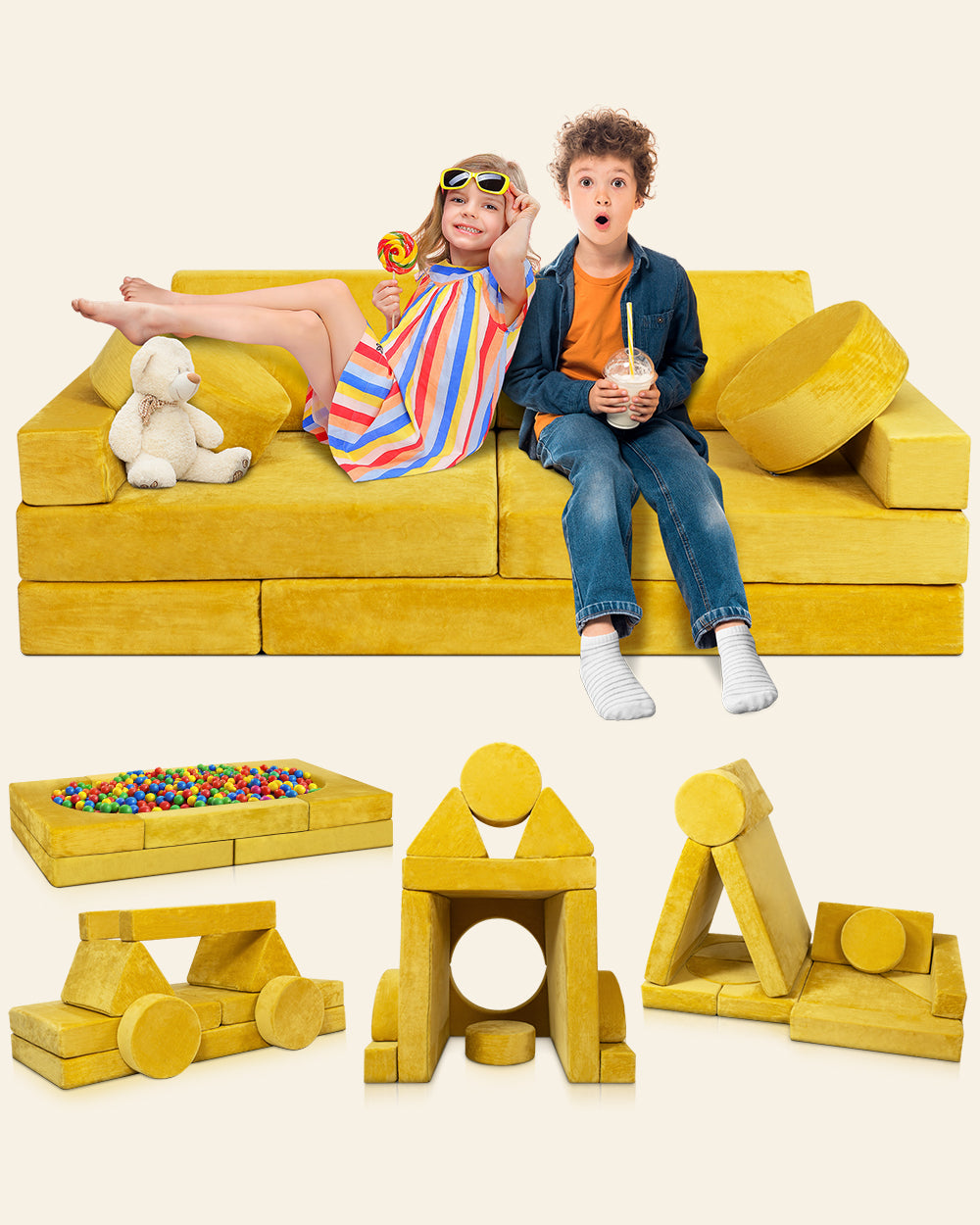 LX15 14pcs Modular Play Couch, Amber Yellow