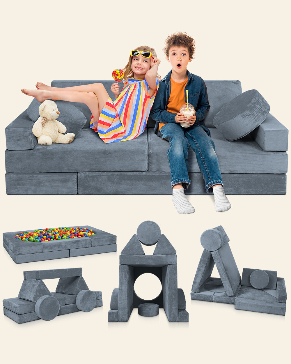 LX15 14pcs Modular Play Couch, Stone Gray