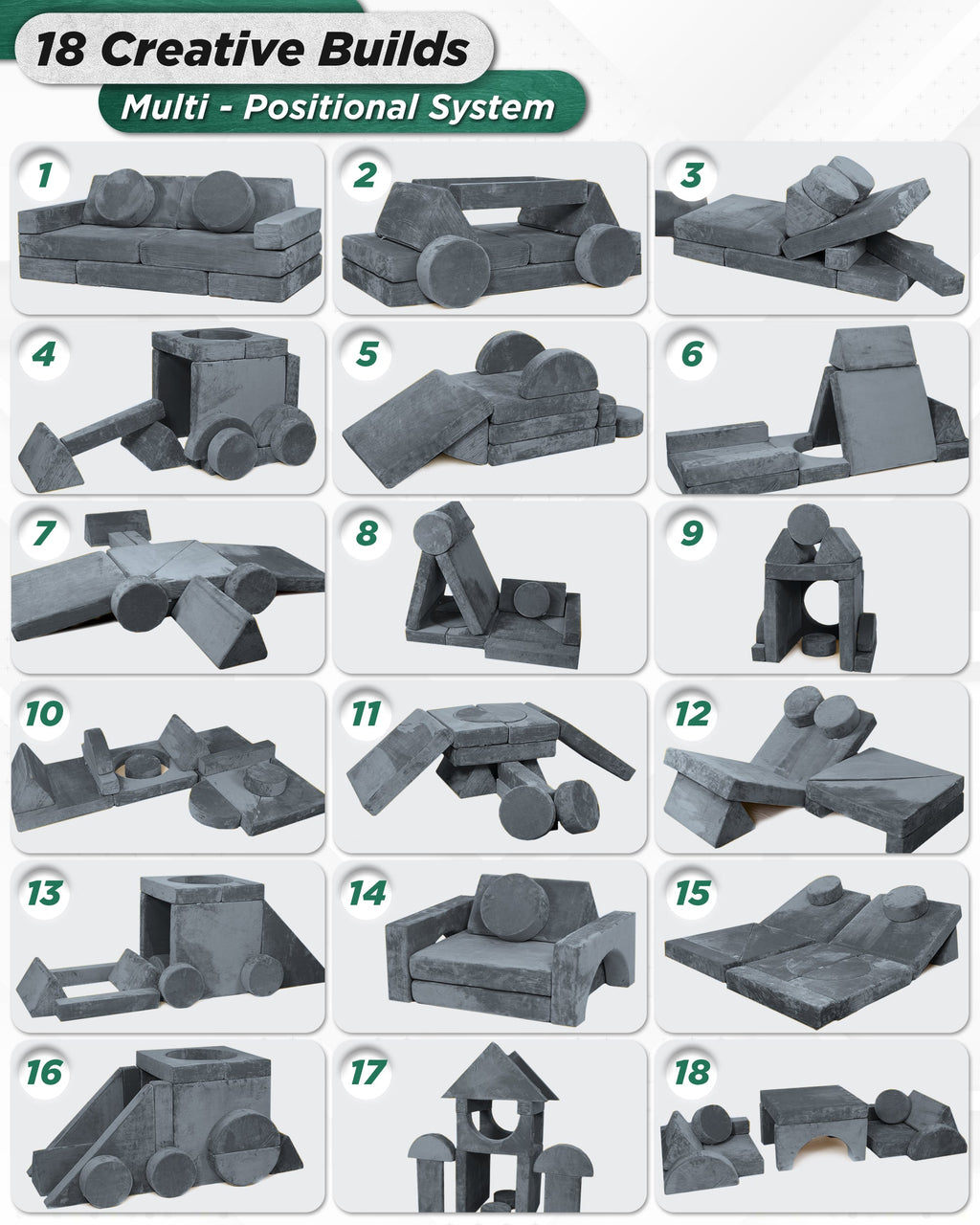 LX15 14pcs Modular Play Couch, Stone Gray