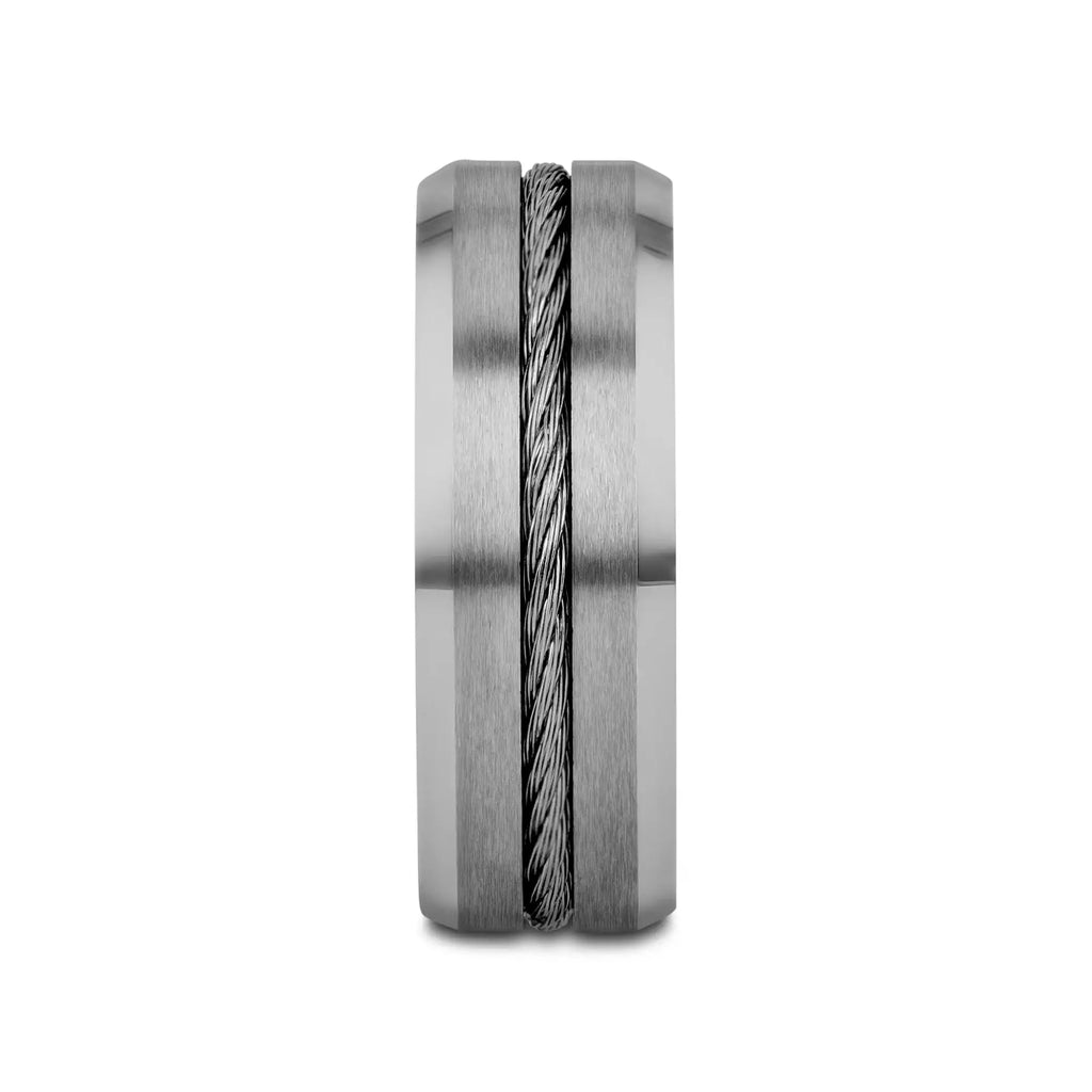 LANNISTER Men’s Tungsten Flat Wedding Band with Steel Wire Cable Inlay & Beveled Edges - 8mm