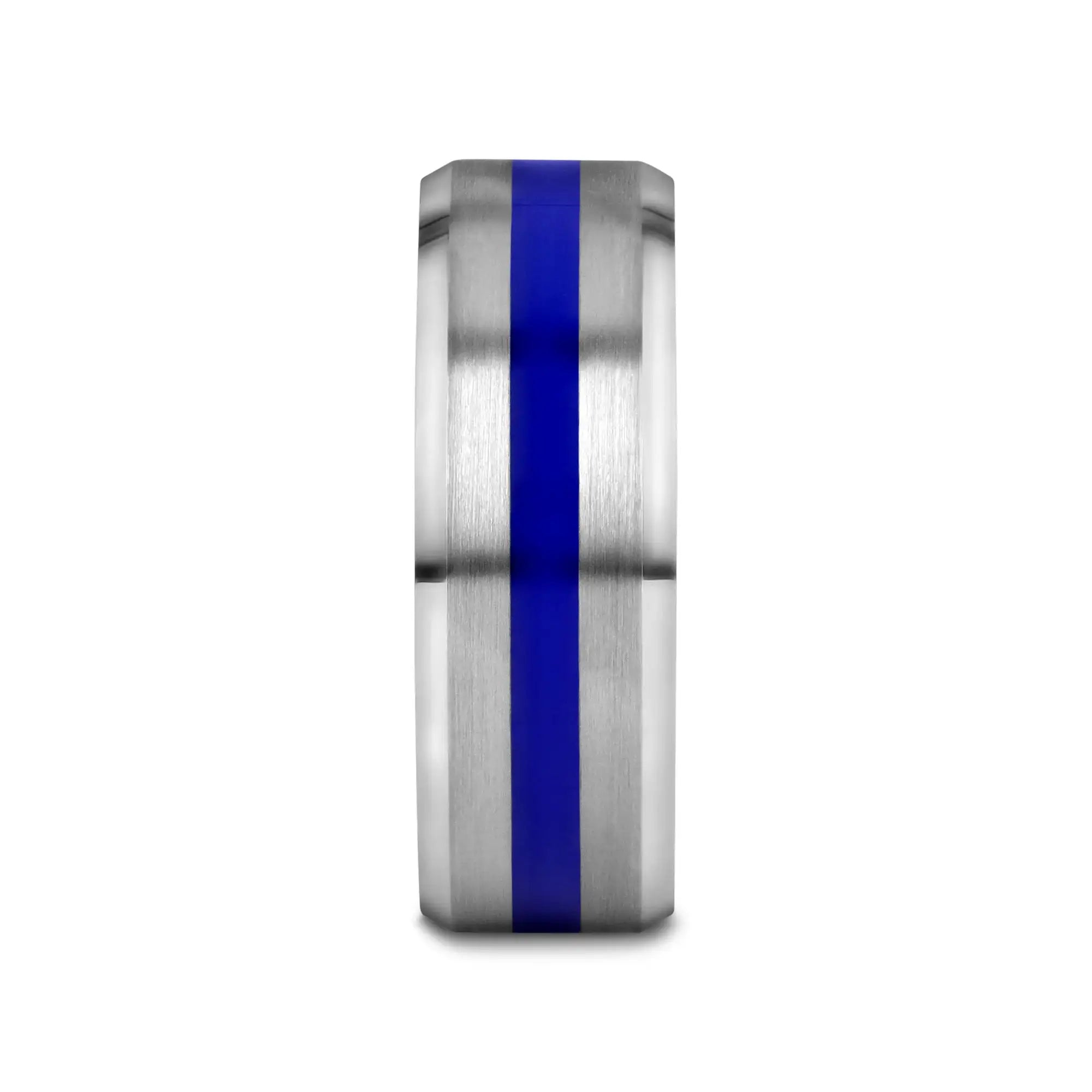 LAWSON Men’s Beveled Edges White Tungsten Brushed Finish Wedding Ring with Blue Stripe - 8mm