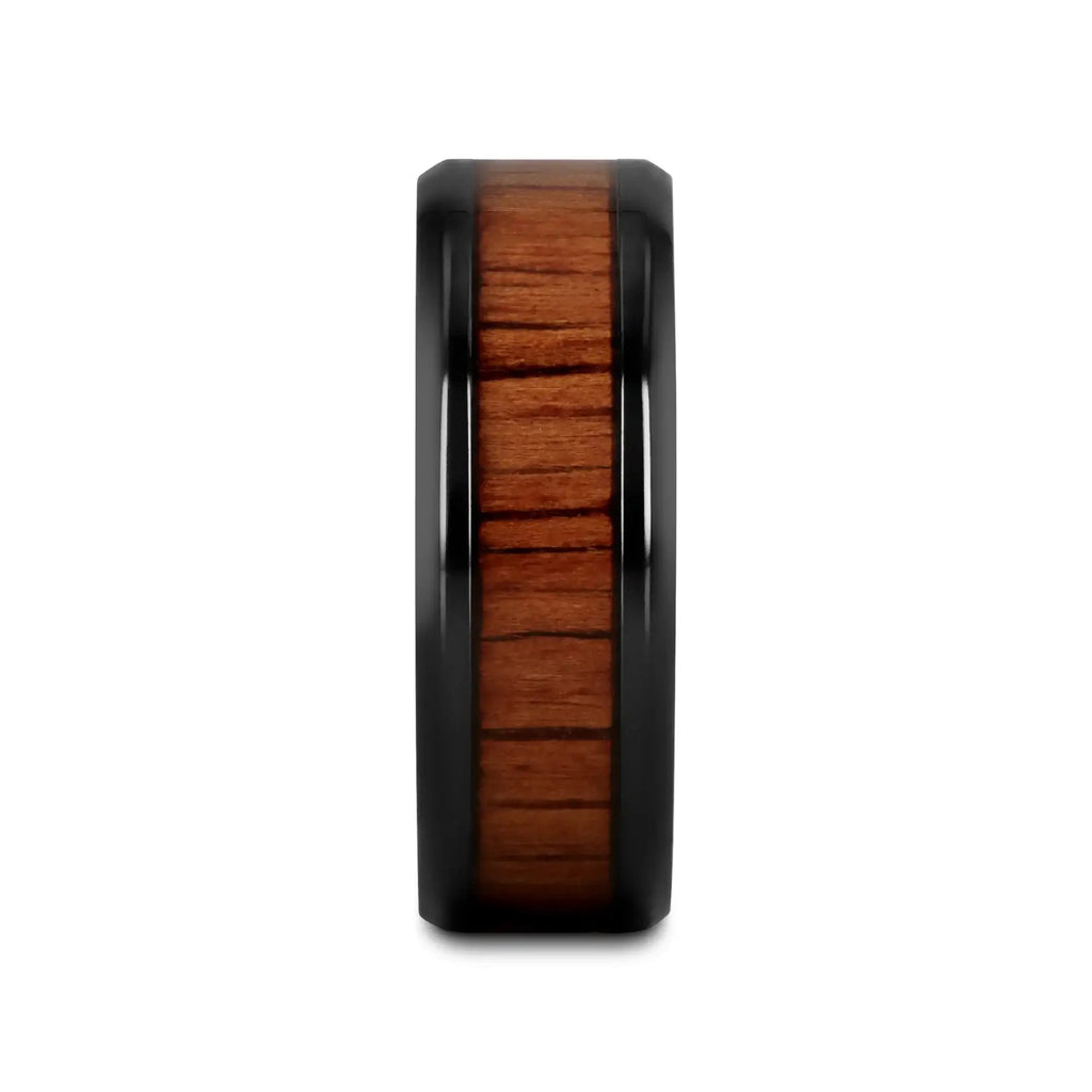 LEIFI Black Titanium Ring with Koa Wood Inlay and Bevels - 8mm