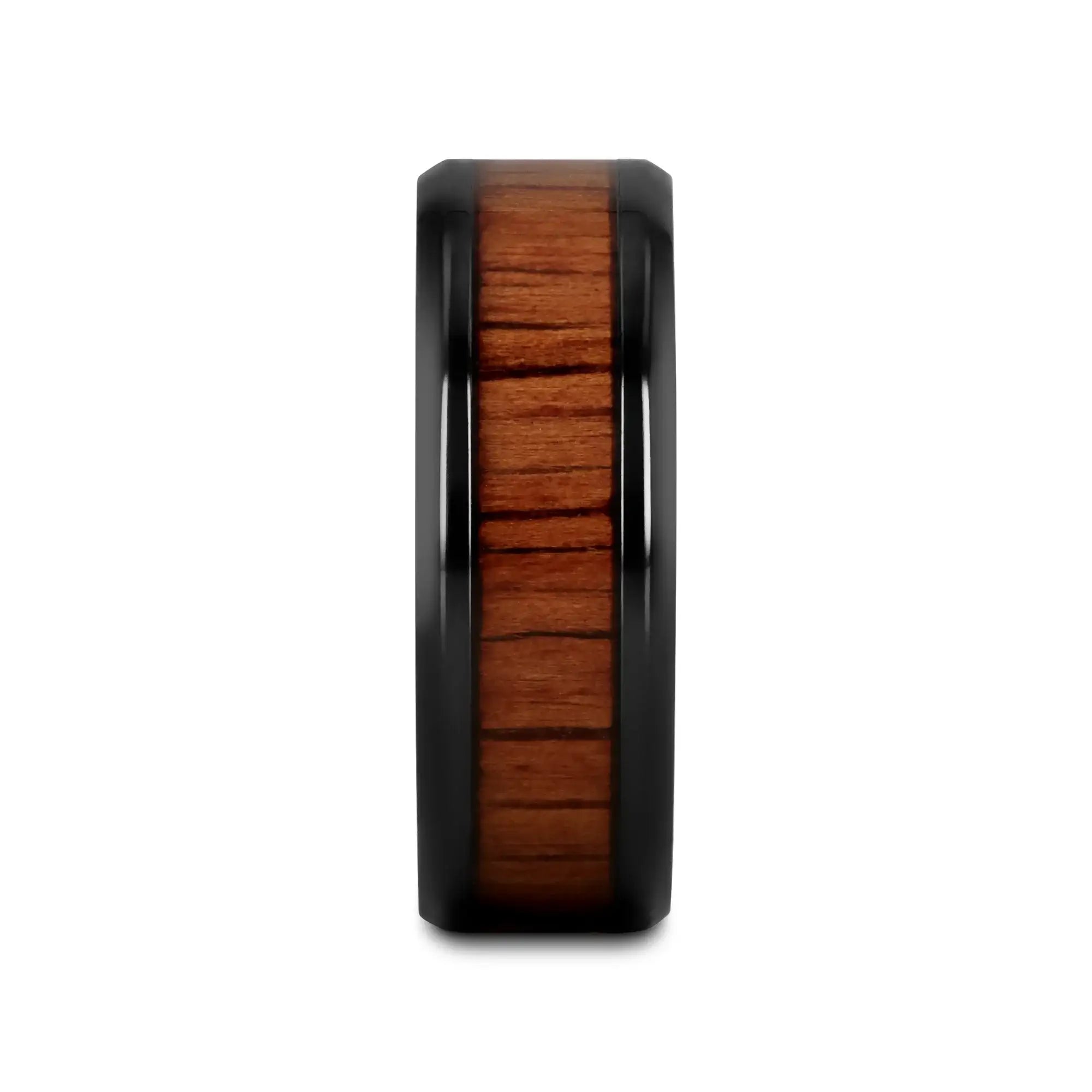 LEIFI Black Titanium Ring with Koa Wood Inlay and Bevels - 8mm