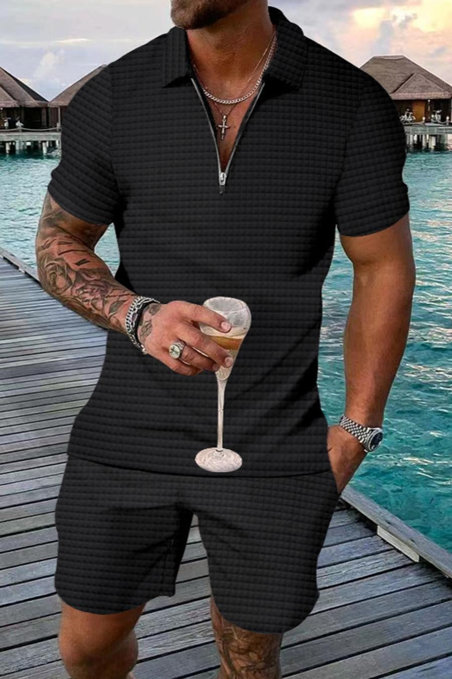 Casual men slight stretch waffle top & shorts set