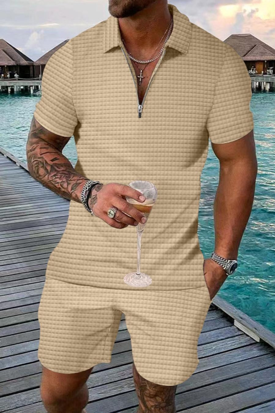 Casual men slight stretch waffle top & shorts set