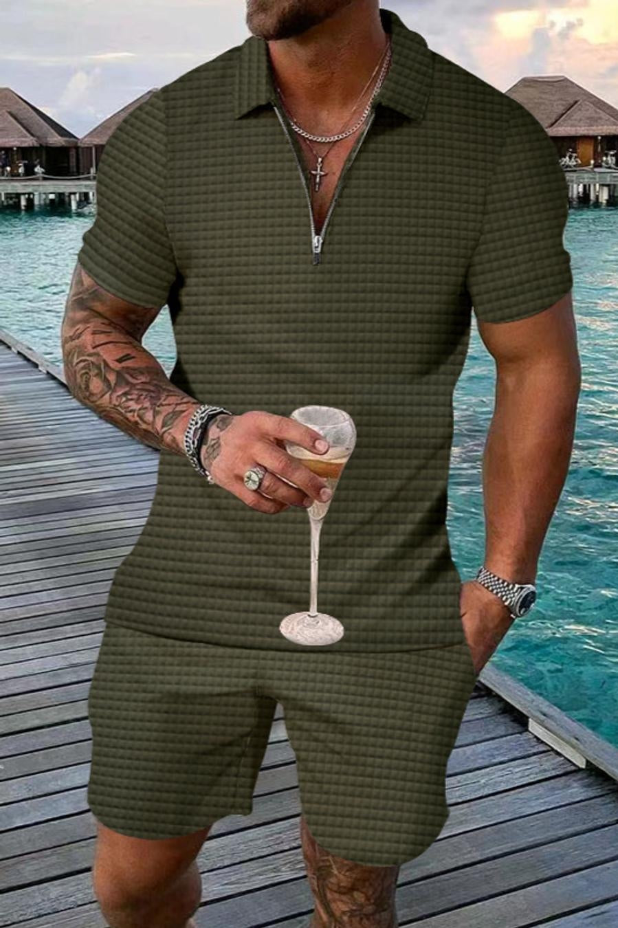 Casual men slight stretch waffle top & shorts set