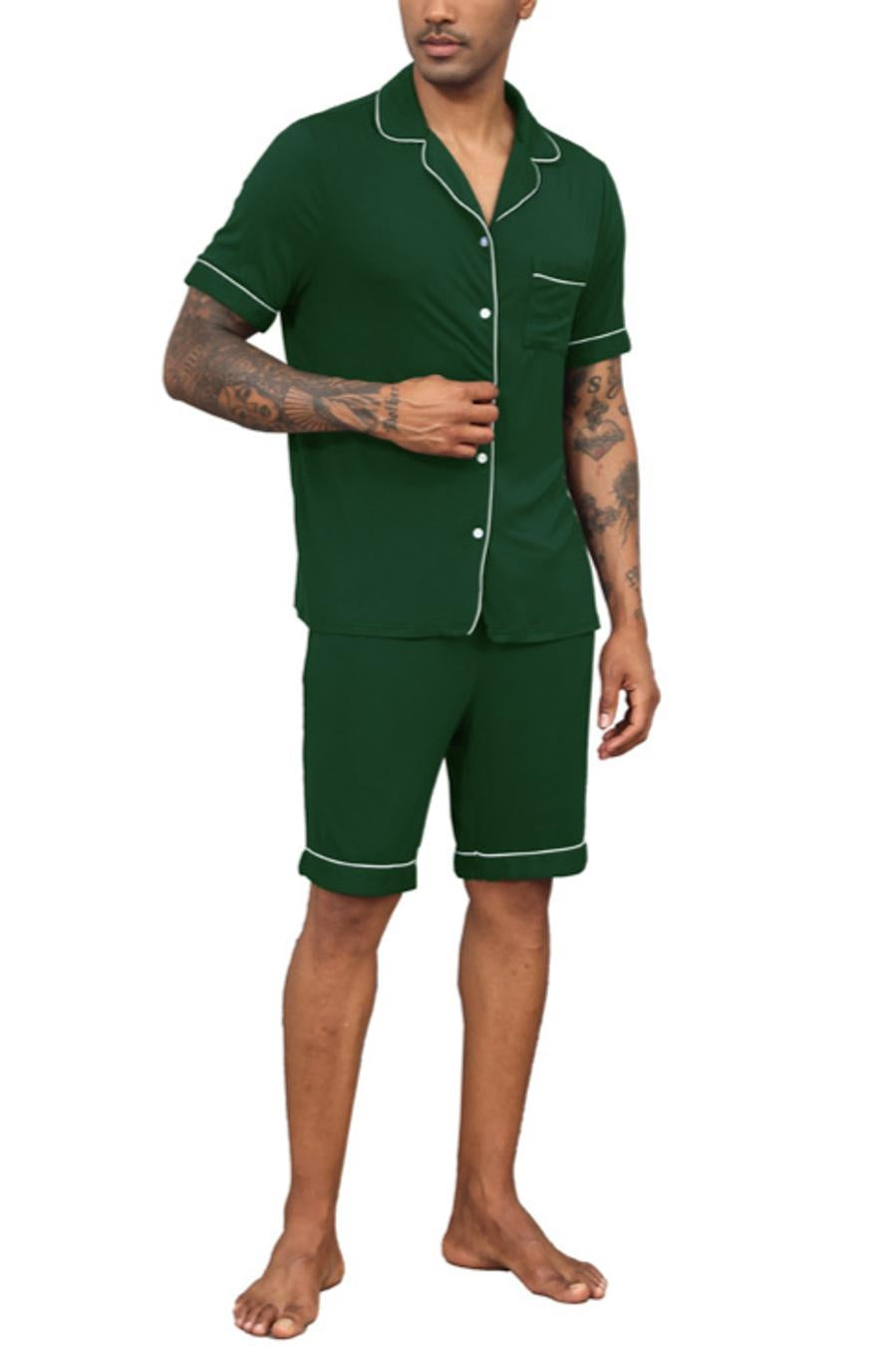 Casual slight stretch lapel button pocket shorts set loungewear