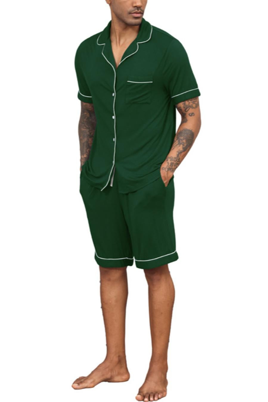 Casual slight stretch lapel button pocket shorts set loungewear