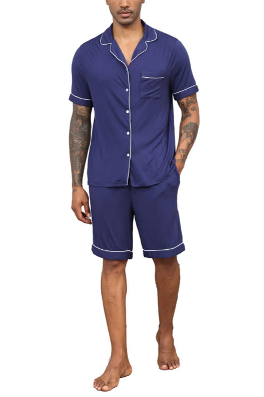 Casual slight stretch lapel button pocket shorts set loungewear