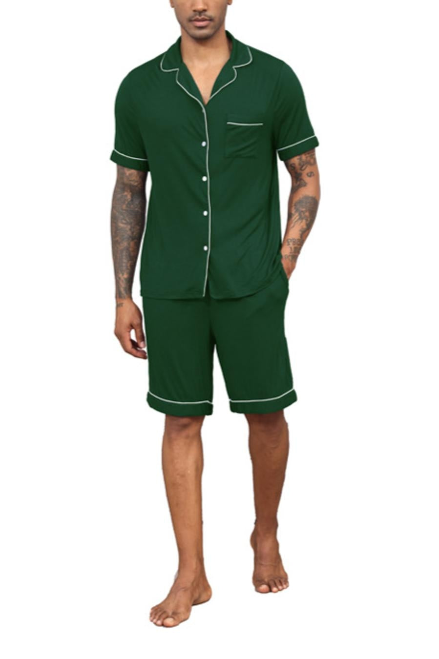 Casual slight stretch lapel button pocket shorts set loungewear