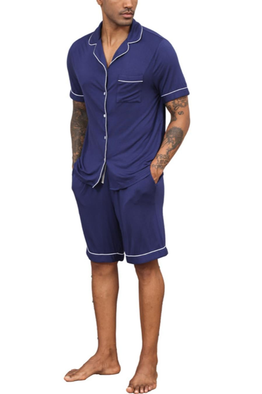 Casual slight stretch lapel button pocket shorts set loungewear