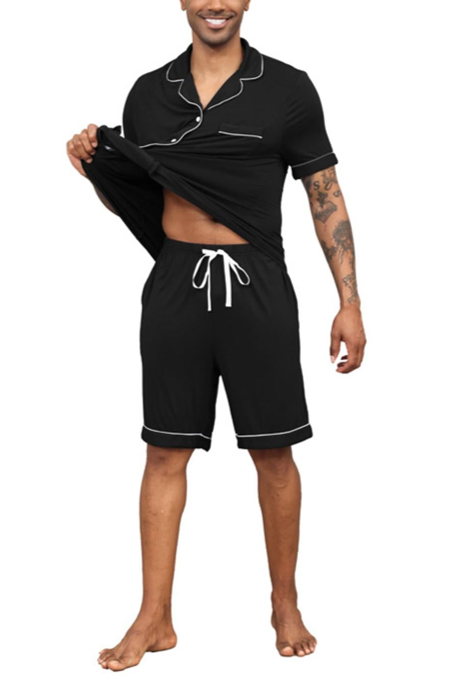 Casual slight stretch lapel button pocket shorts set loungewear