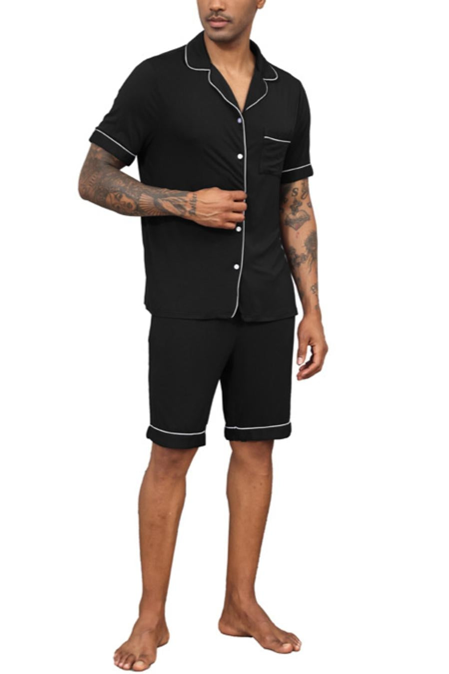 Casual slight stretch lapel button pocket shorts set loungewear