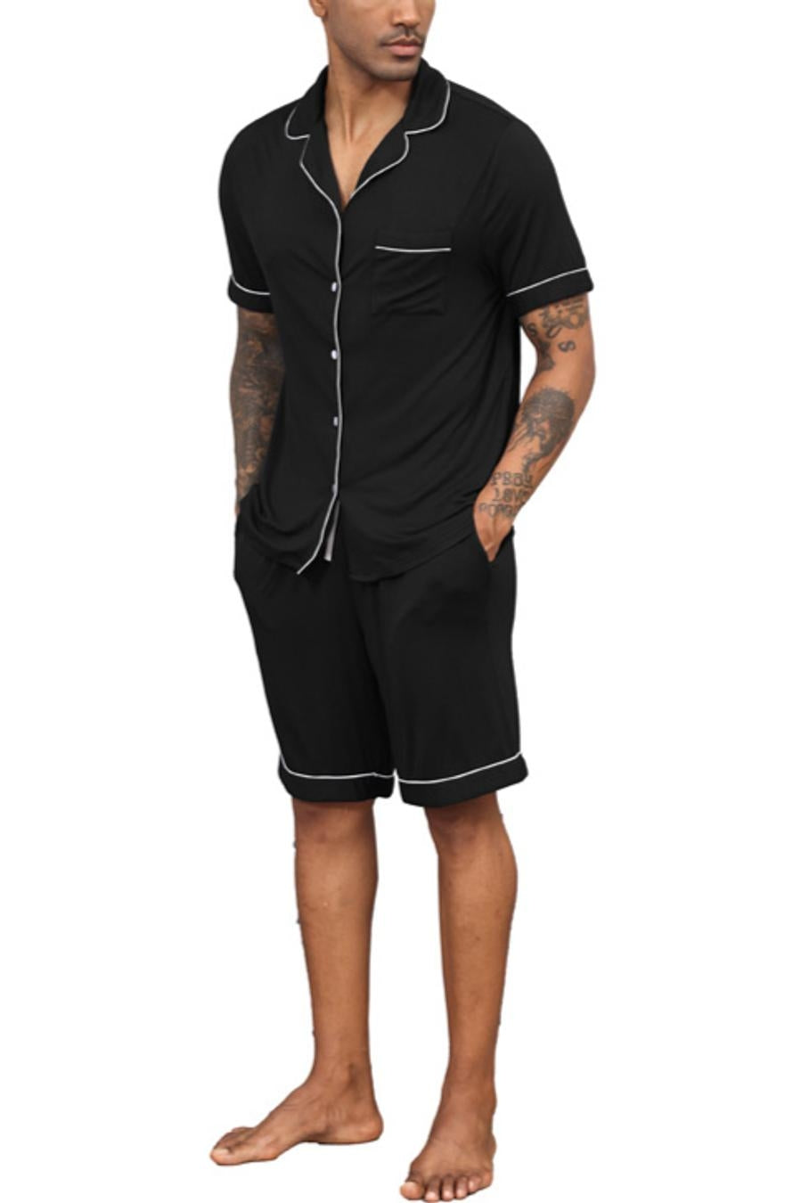Casual slight stretch lapel button pocket shorts set loungewear
